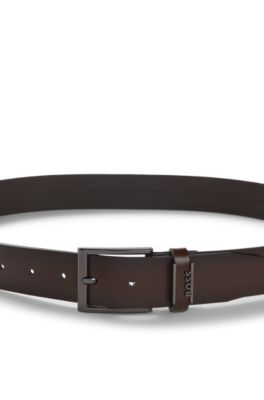 Ceinture en cuir italien avec garniture en m&eacute;tal bross&eacute; couleur acier, Marron fonc&eacute;