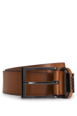 Ceinture en cuir italien avec passant logot&eacute;, Marron