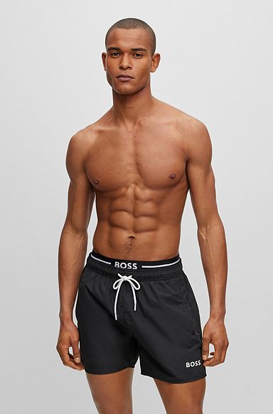 Quick-dry swim shorts in recycled fabric with branding, Black