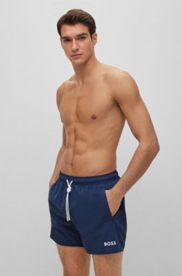 Hugo Boss Quick-dry Swim Shorts In Recycled Fabric With Branding In Dark Blue