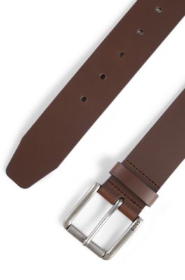 Roller-buckle belt in leather, Dark Brown