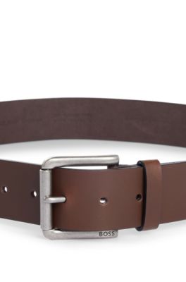Roller-buckle belt in leather, Dark Brown