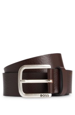 Buffalo-leather belt with branded pin buckle, Dark Brown