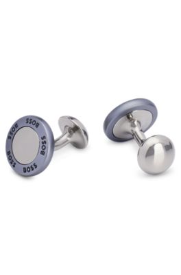Hugo Boss Round Brass Cufflinks With Logo-etched Aluminum Ring In Light Grey