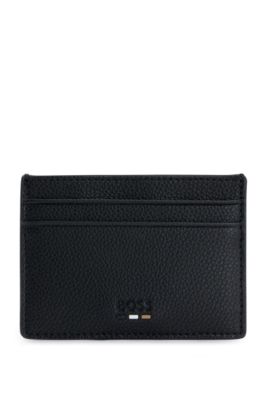 Hugo Boss Signature-stripe Card Holder In Grained Faux Leather In Black