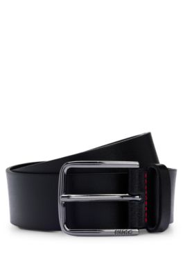 Grained leather belt with red stitching, Black