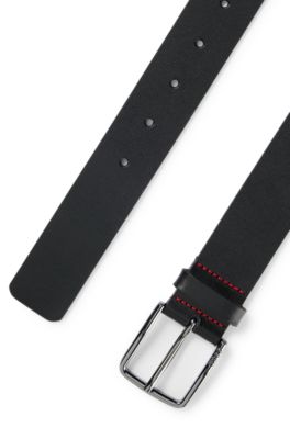 Grained leather belt with red stitching, Black