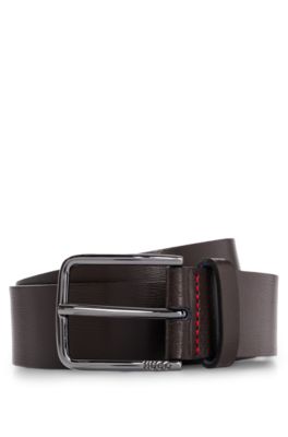 Grained leather belt with red stitching, Dark Brown