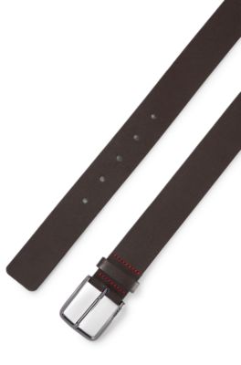 Grained leather belt with red stitching, Dark Brown
