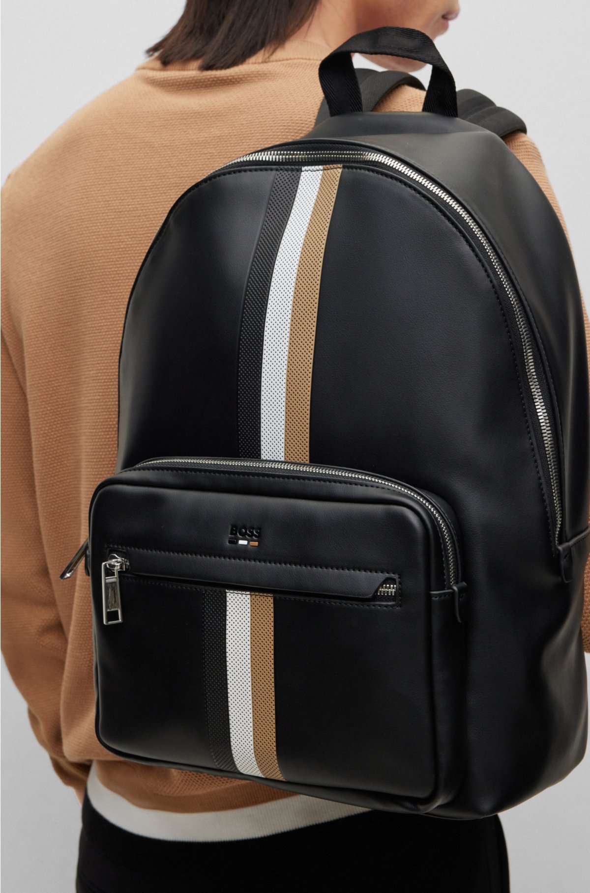 - Faux-leather backpack signature-stripe