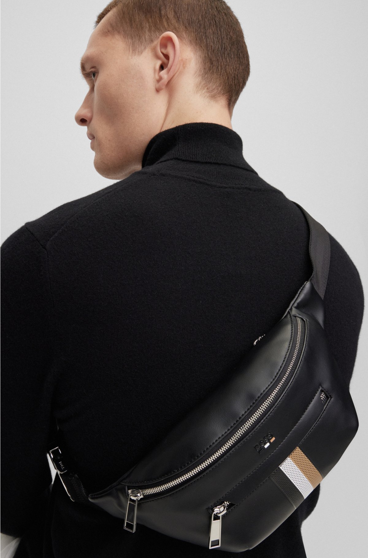 Mens Leather 'Signature Stripe' Bum Bag Black