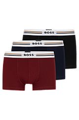 Three-pack of soft-touch stretch trunks with logo waistbands, Dark Red