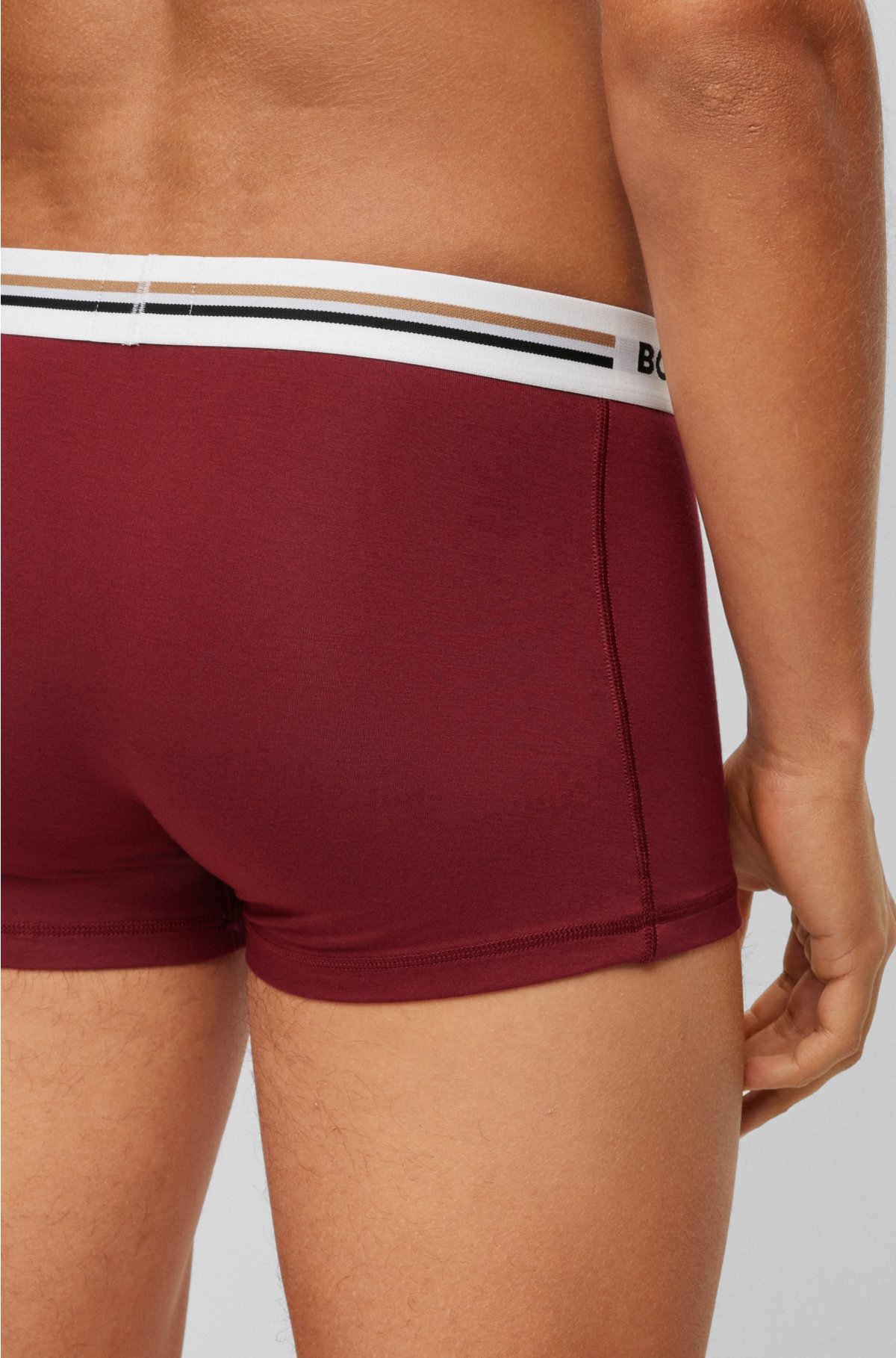 Three-pack of soft-touch stretch trunks with logo waistbands, Dark Red