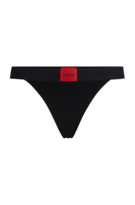 Hugo Stretch-cotton Thong Briefs With Red Logo Label In Black
