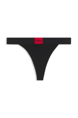 Hugo Stretch-cotton Thong Briefs With Red Logo Label In Black