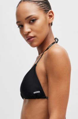 Top de bikini triangular con tira de la marca y detalle de logo, Negro