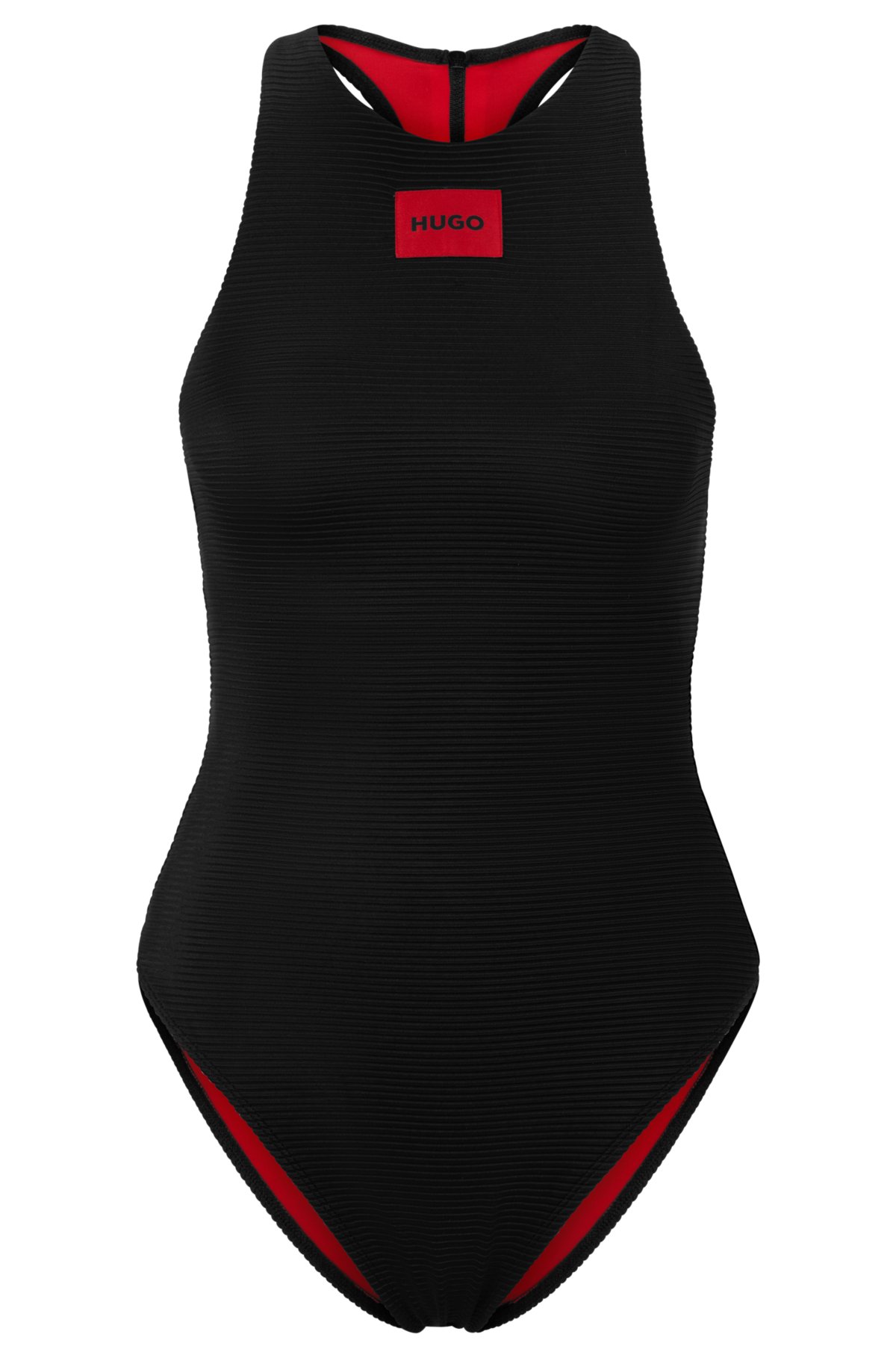 HUGO - Ribbed red swimsuit with label logo racer-back