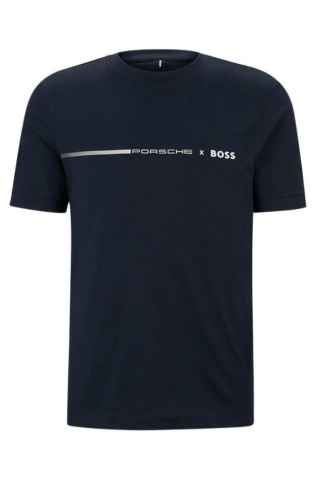 Porsche x BOSS mercerized-cotton T-shirt with exclusive branding, Dark Blue