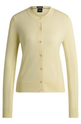 Shop Hugo Boss Crew-neck Cardigan In Merino Wool In Light Yellow