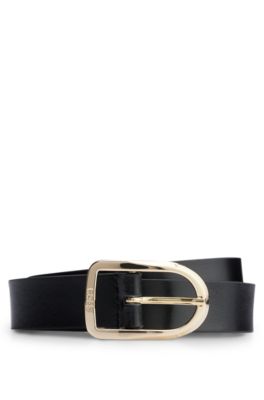 Ceinture en cuir avec boucle dor&eacute;e grav&eacute;e, Noir