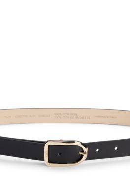 Cintur&oacute;n de piel con hebilla dorada con logo grabado, Negro