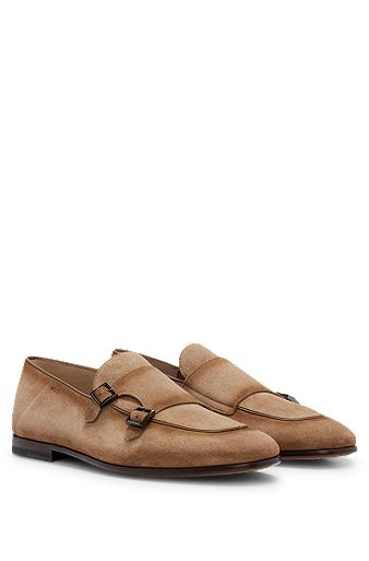 Suede monk shoes with double strap and branding, Beige