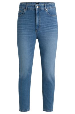 High-waisted cropped jeans in blue comfort-stretch denim, Blue