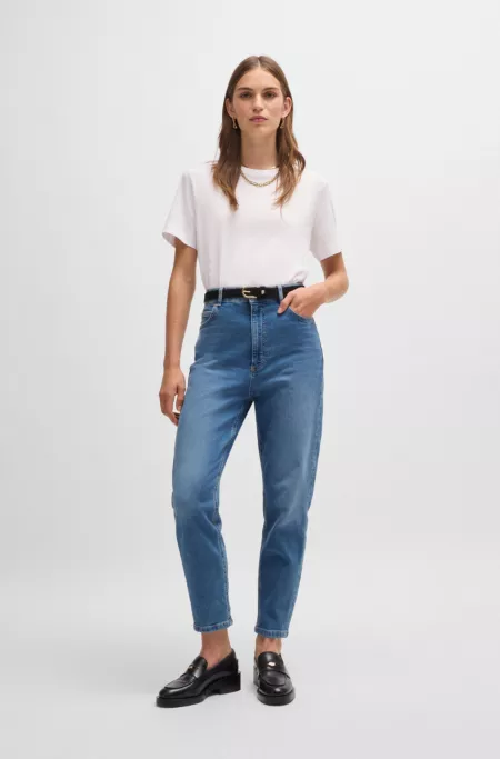 High-waisted cropped jeans in blue comfort-stretch denim
