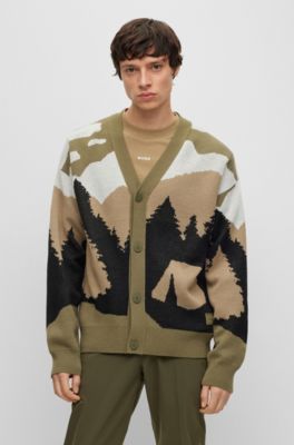 Hugo Oversized-fit Cardigan With Camping-inspired Artwork In Light Green