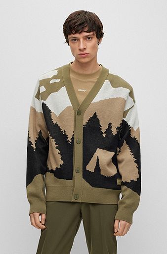 Oversized-fit cardigan with camping-inspired artwork, Light Green
