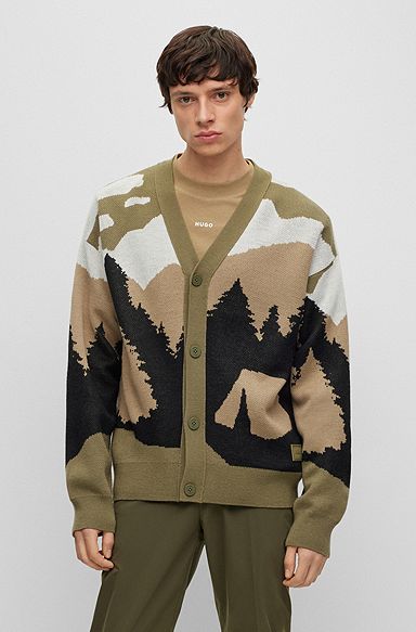 Oversized-fit cardigan with camping-inspired artwork, Light Green