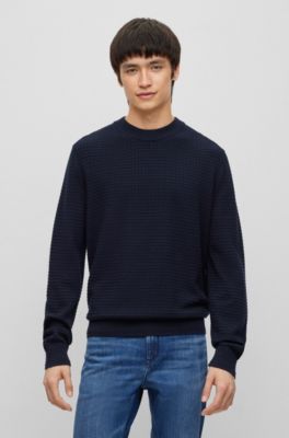 Hugo Boss Cotton Sweater With Jacquard Pattern In Dark Blue
