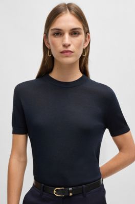 Short-sleeved sweater in Merino wool, Dark Blue
