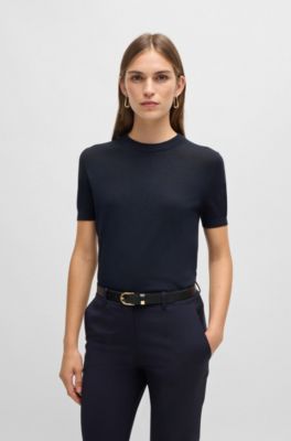 Short-sleeved sweater in Merino wool, Dark Blue