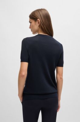 Short-sleeved sweater in Merino wool, Dark Blue