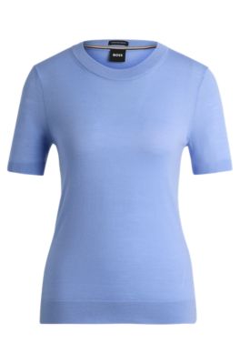 Shop Hugo Boss Short-sleeved Sweater In Merino Wool In Blue
