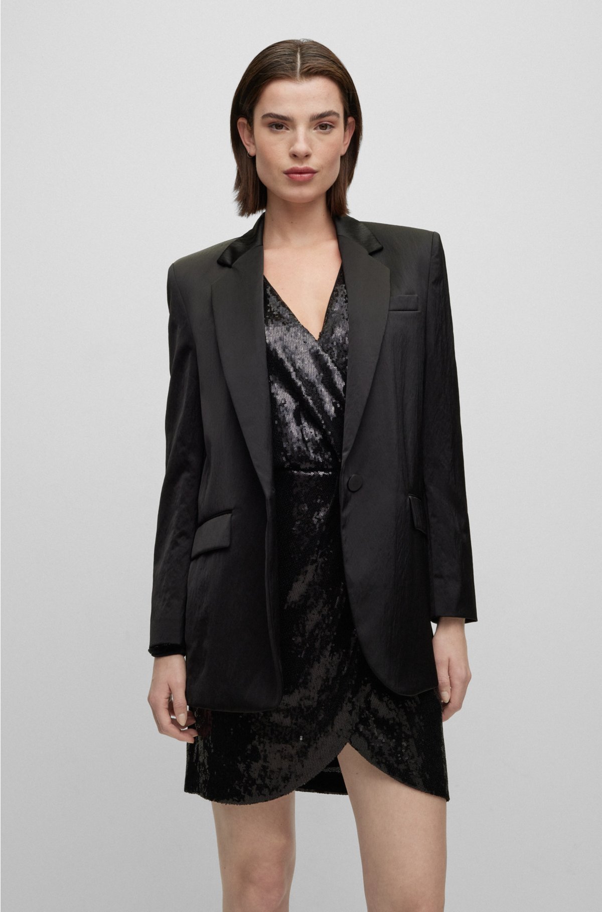 BOSS - Oversized-fit single-button jacket in soft satin