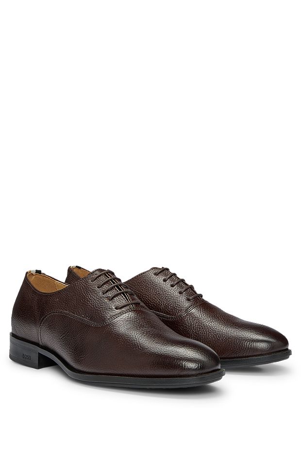 Grained-leather Oxford shoes with embossed logo, Dark Brown
