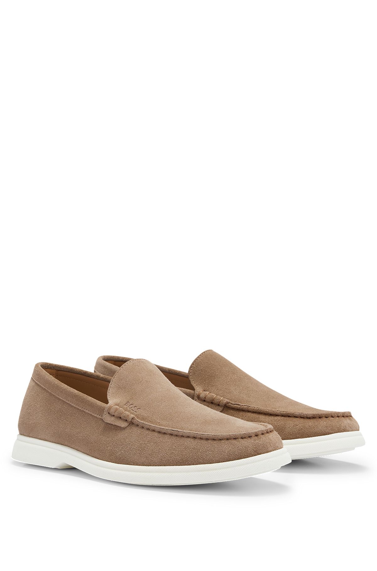 Suede loafers with embossed logo and TPU outsole, Beige