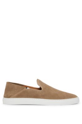 HUGO BOSS SUEDE SLIP-ON SHOES WITH SIGNATURE-STRIPE FLAG