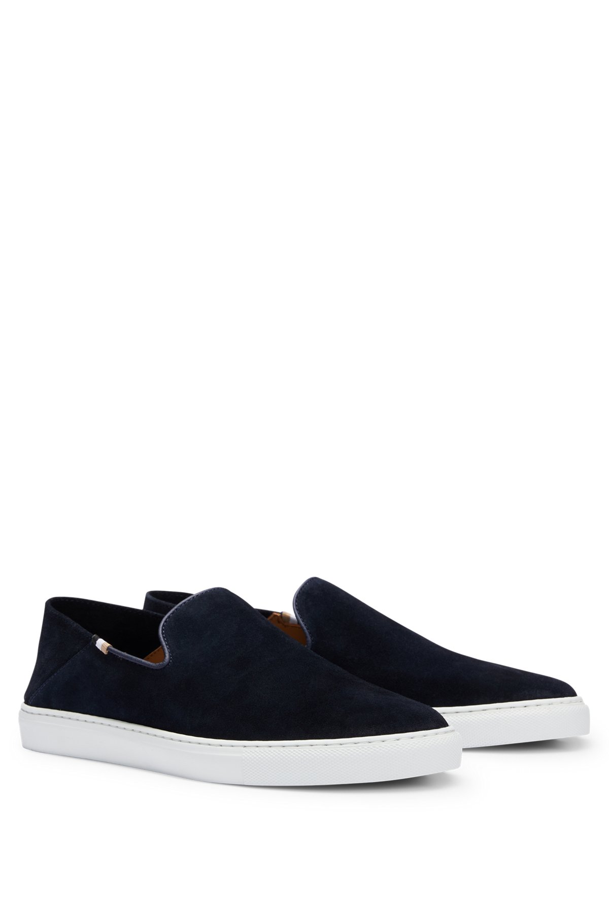 BOSS - Suede slip-on shoes with signature-stripe flag