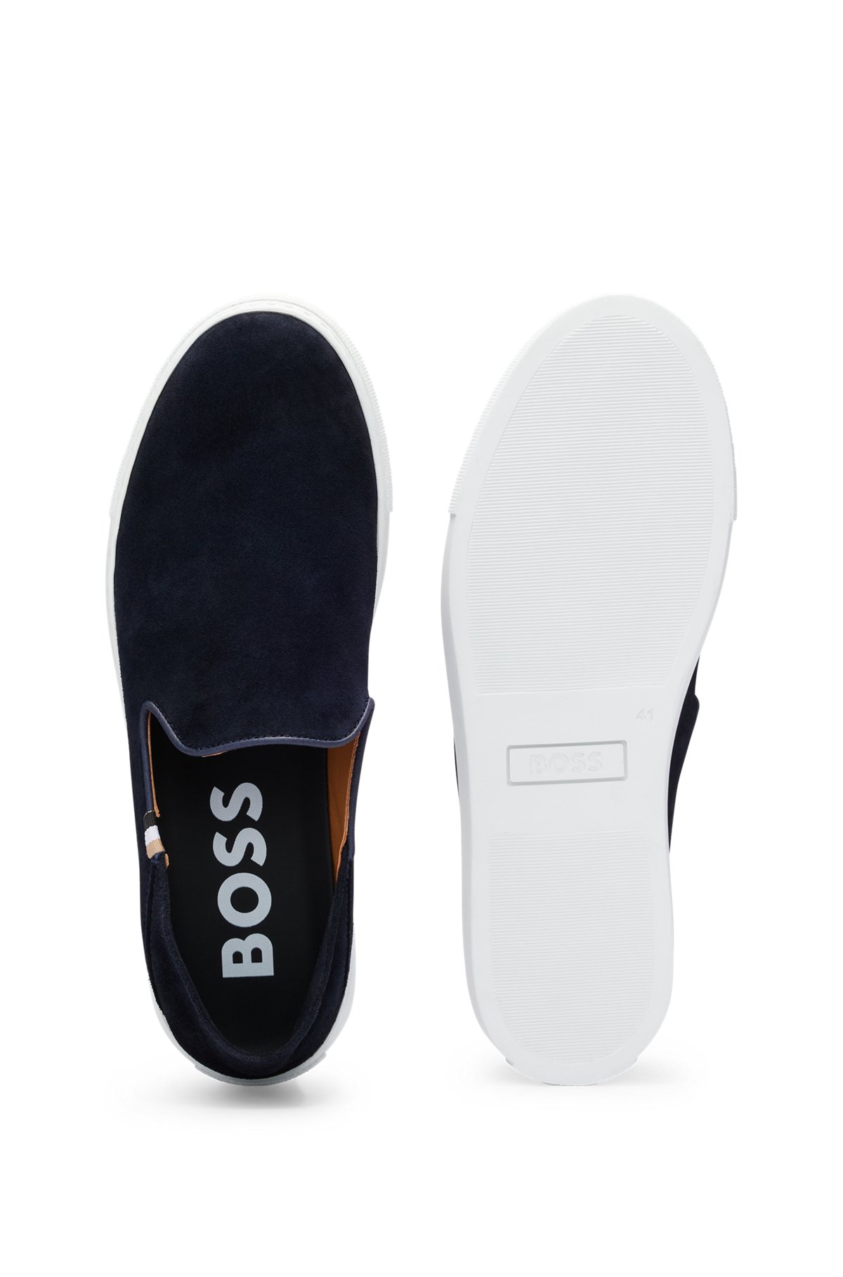 BOSS - Suede slip-on shoes with signature-stripe flag