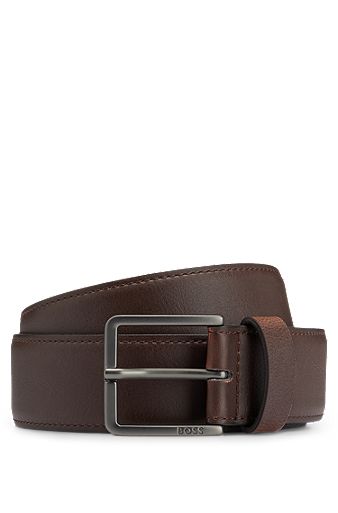 Faux-leather belt with logo-engraved buckle, Dark Brown