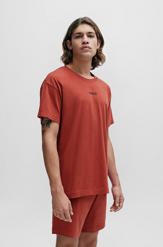 Stretch-cotton jersey pajama T-shirt with red logo, Dark Red