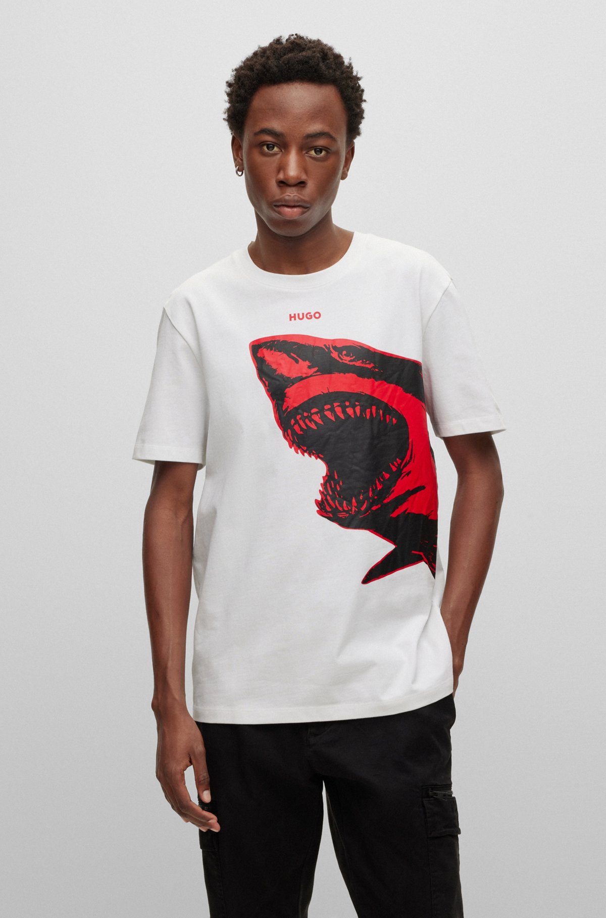 HUGO - Cotton-jersey T-shirt with red shark print