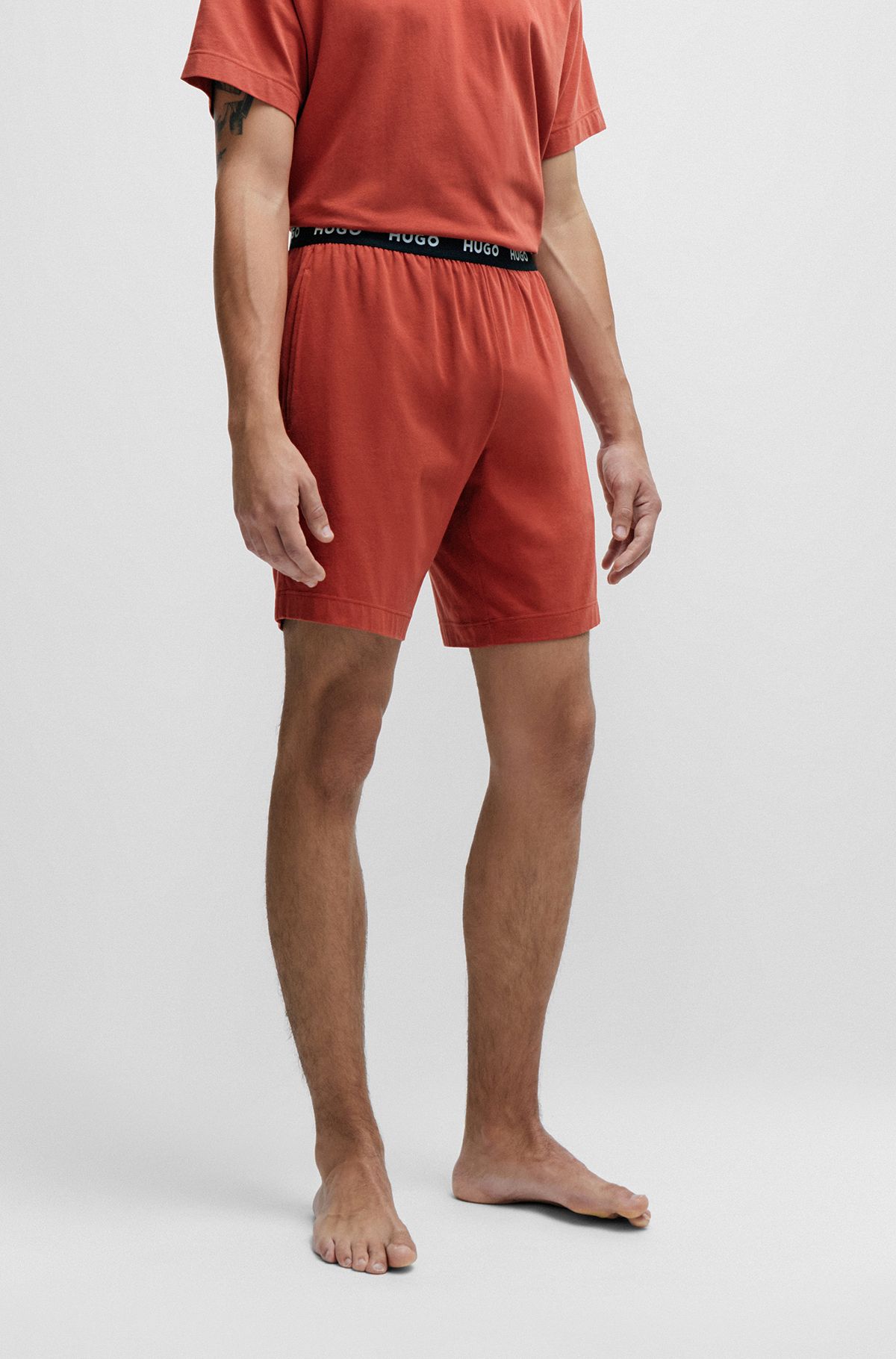 Short de pyjama en coton stretch avec taille à logo, Rouge sombre