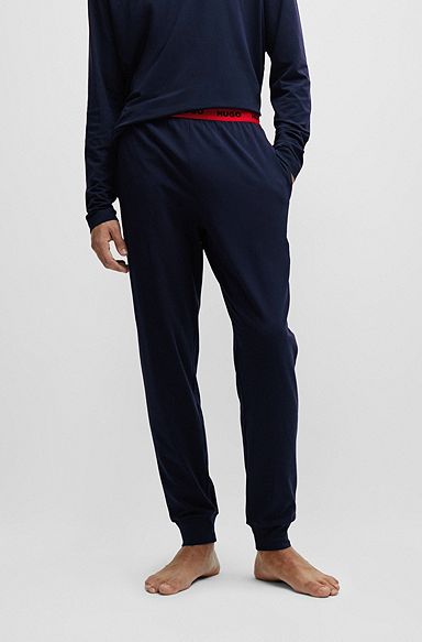 Pantalones de pijama de punto de algodón elástico con logos en la cintura, Azul oscuro