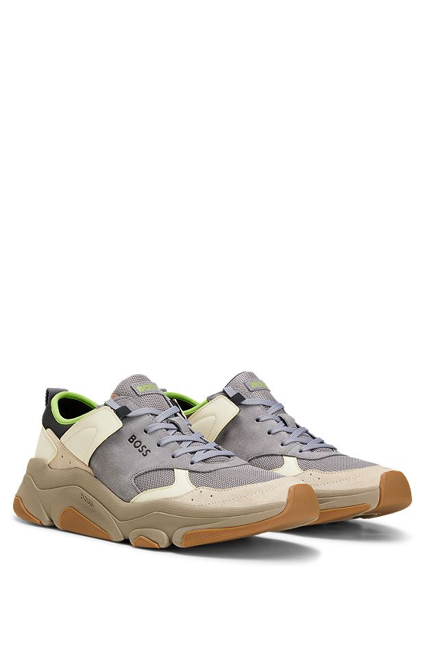 Mixed-material trainers with leather trims, Light Beige