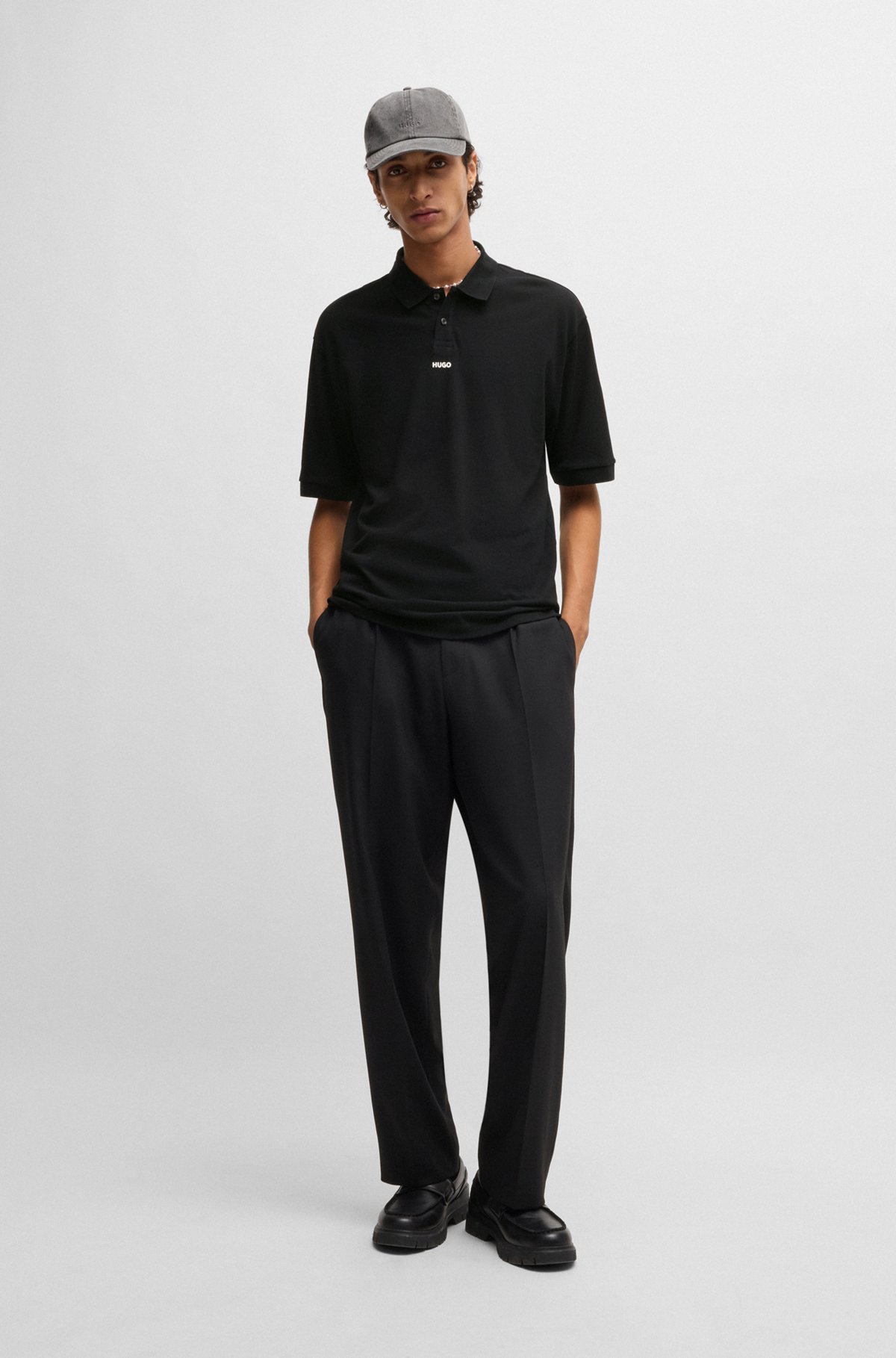 HUGO - Cotton-piqué polo shirt with logo print - Black HUGO - Cotton-piqué polo shirt with logo print - Black