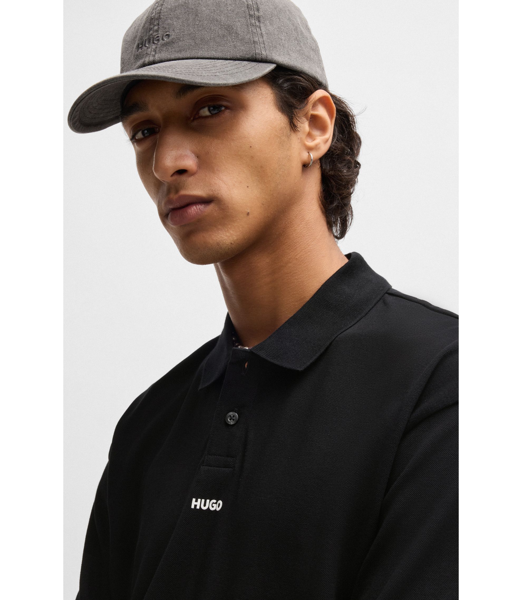 HUGO - Cotton-piqué polo shirt with logo print - Black